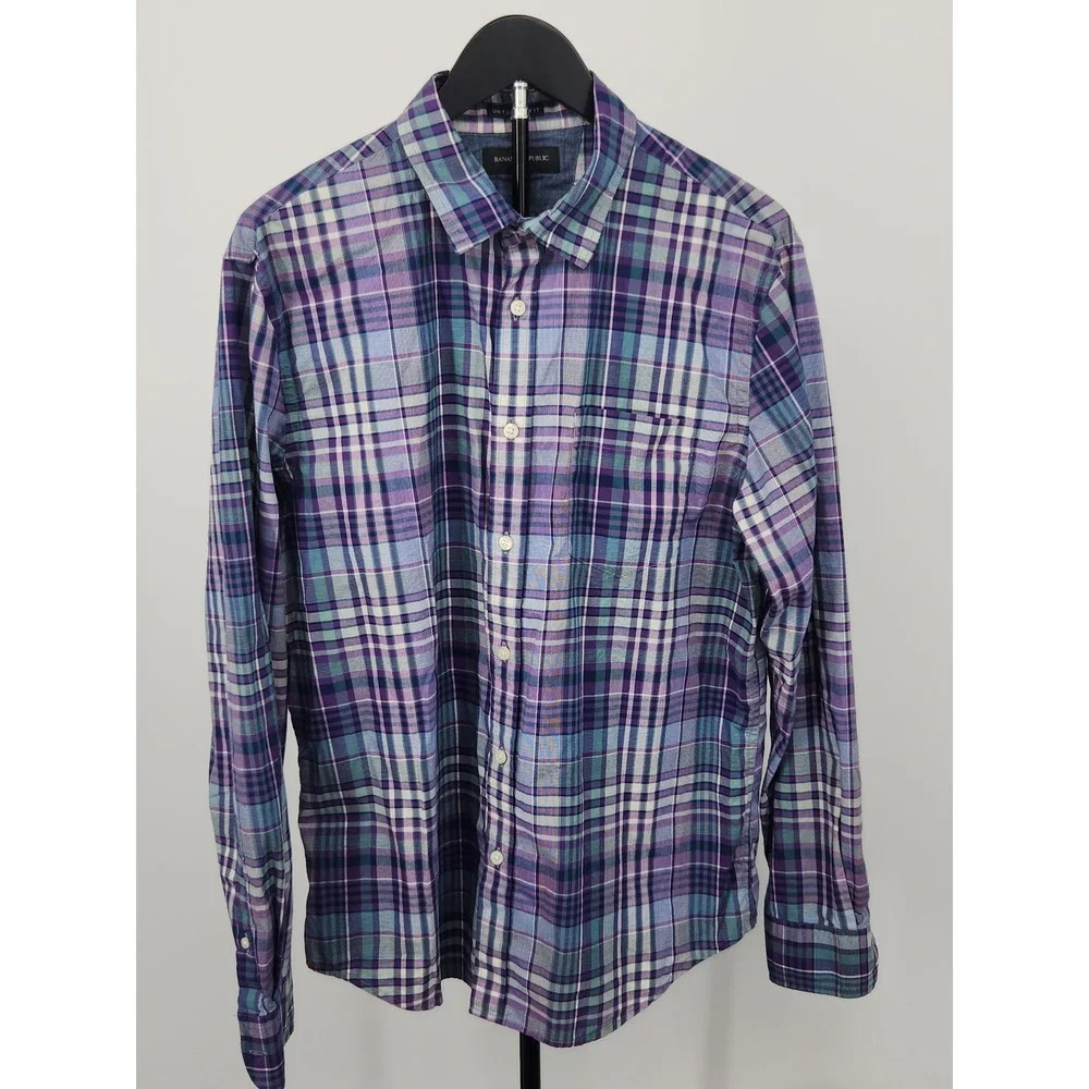 Banana Republic Mens Untucked Fit Plaid Button Down Shirt Purple Teal Large